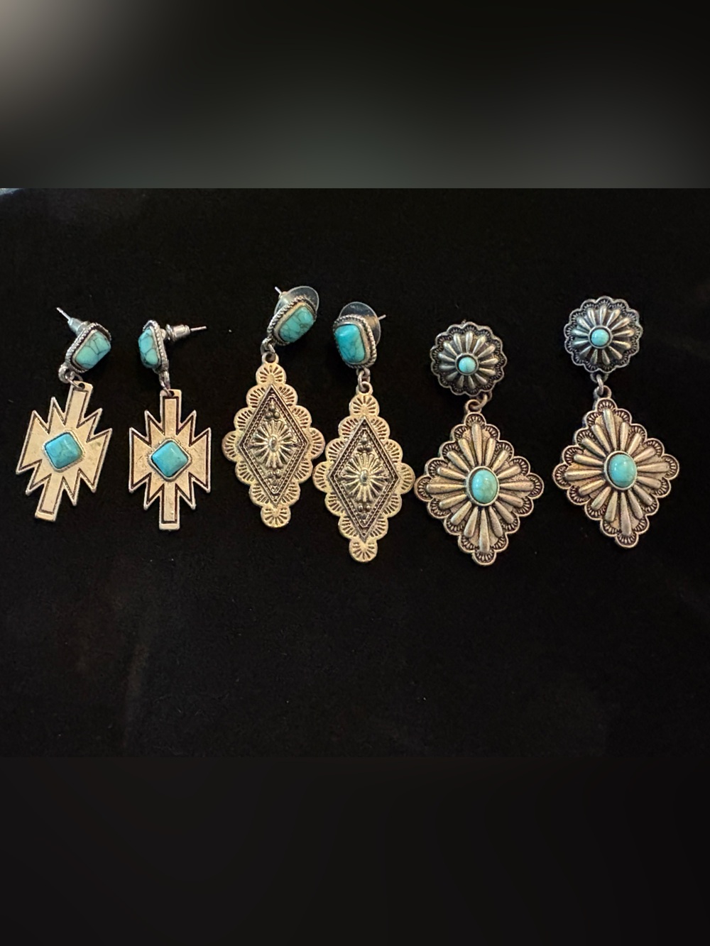 Southwestern Style Turquoise Dangle Earrings Lot 3 Pair Silver Tone